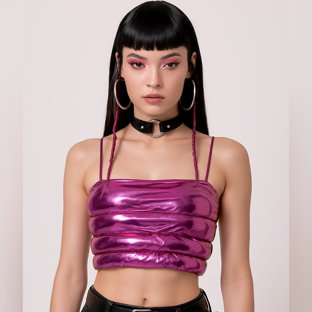 JULIA BY LOVE J Metallic Pink Quilted Puffer Crop Top Tank Adjustable Straps M,L